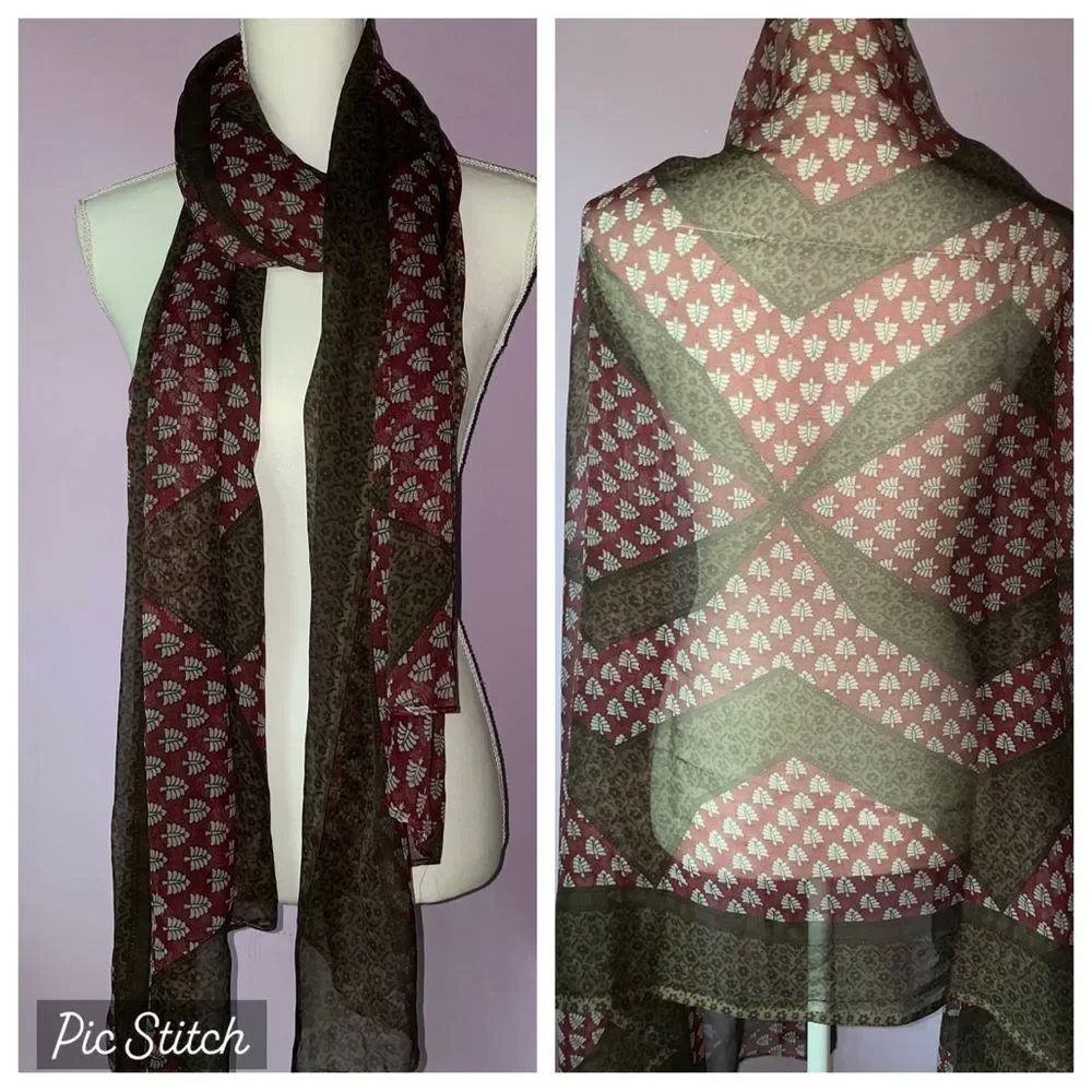 Large Scarf Chiffon Wrap Swim Cover Shawl Sheer Red Brown Boho Printed